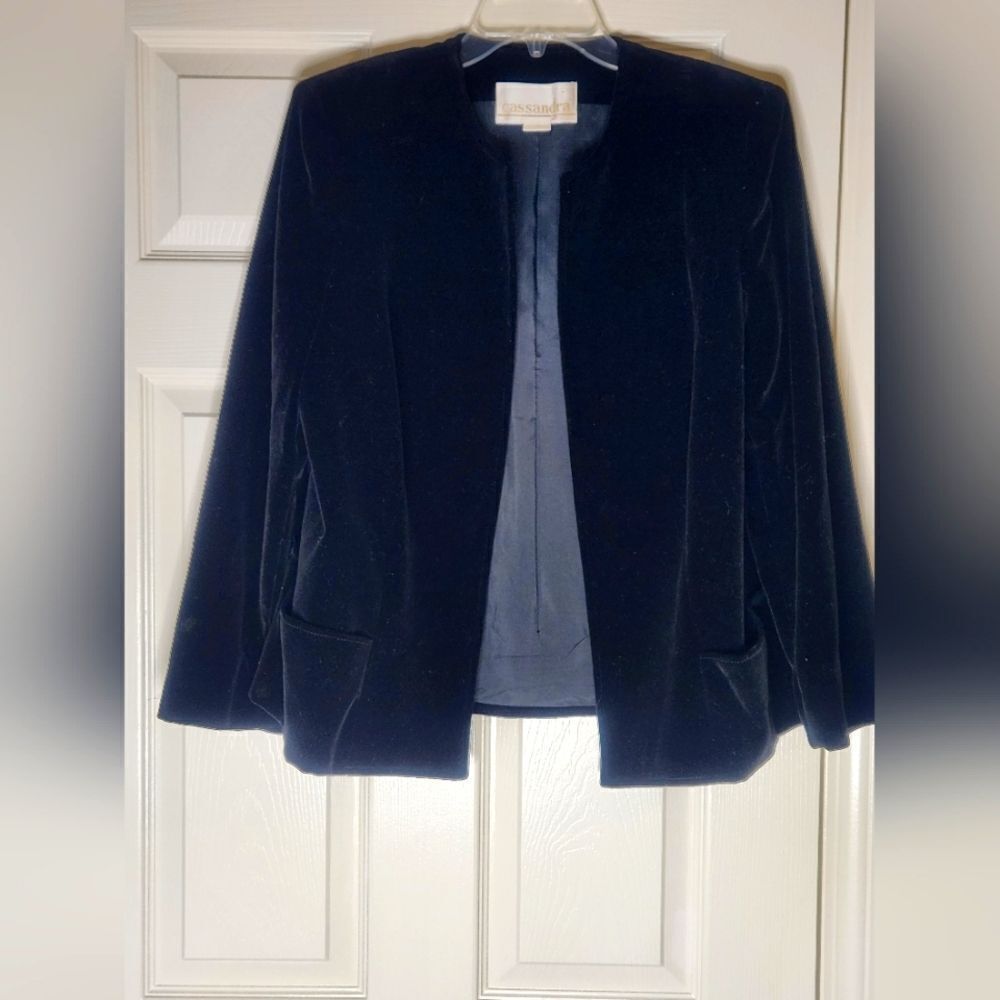 Vtg Cassandra 36 Black Velvet Pockets Lngslv Lined Women's Opened Blazer Japan